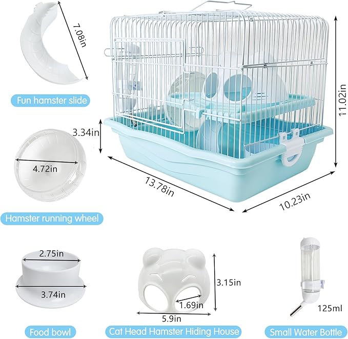 PINVNBY Dwarf Hamster Cage, Small Animal Cages, 2-Tier Travel Portable Mouse Cage Hamster Carrier with Castle House Running Exercise Wheels, Water Bottle and Food Dis(Blue)