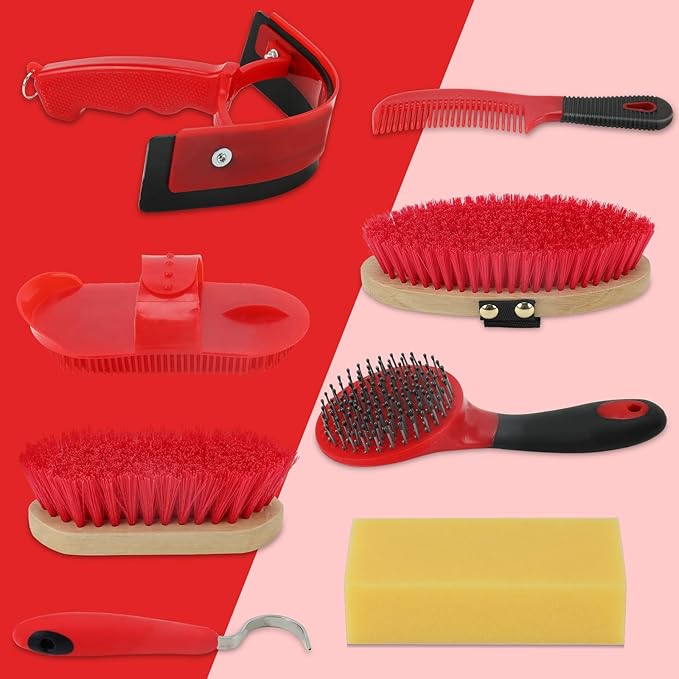 9 Pieces Grooming Kit with Tote Bag - Brush Set, Sweat Scraper, Sponge, Hoof Pick, Curry Comb for Horse Riders and Beginners (Red)
