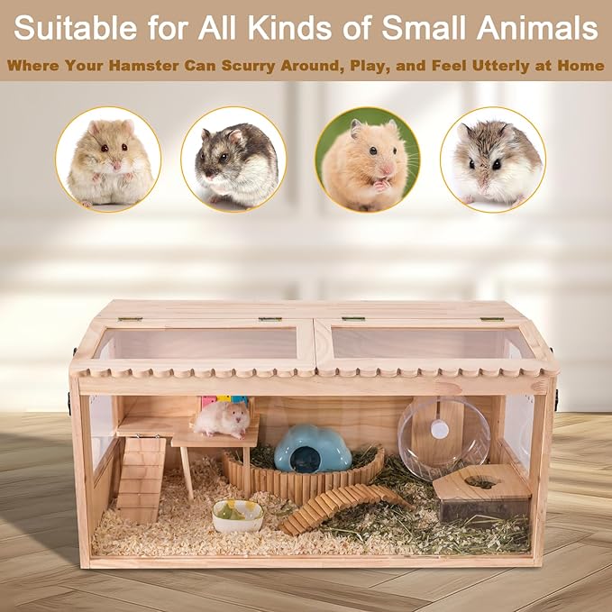 Wooden Hamster Cages and Habitats, 40"x20"x20" Guinea Pig Cage, Small Animal Cage for Dwarf Syrian Hamsters Degus Mice & Other Small Pets. Big Hamster Habitat with 2 Adjustable skylights.