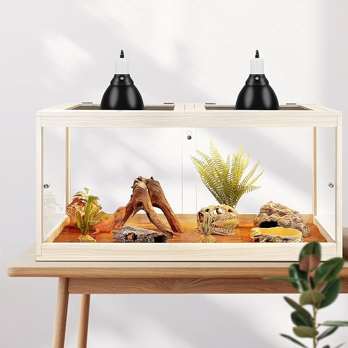 Tempered Glass Bearded Dragon Tank,63 Gallon Reptile Tank with Meatl Mesh Roof and Front Sliding Door, Anti-Scratch Lizard Tank,Spacious Reptile Enclosure for Snakes,Lguanas, Chameleons (Oak)