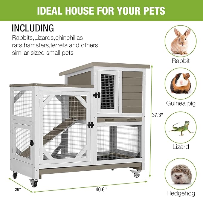 GUTINNEEN Rabbit Hutch Indoor Mobile Bunny Cage with Run Wooden 2 Story Guinea Pig Cage Outdoor for Small Animals with Wheels,Two Deeper No Leak Trays(Grey)