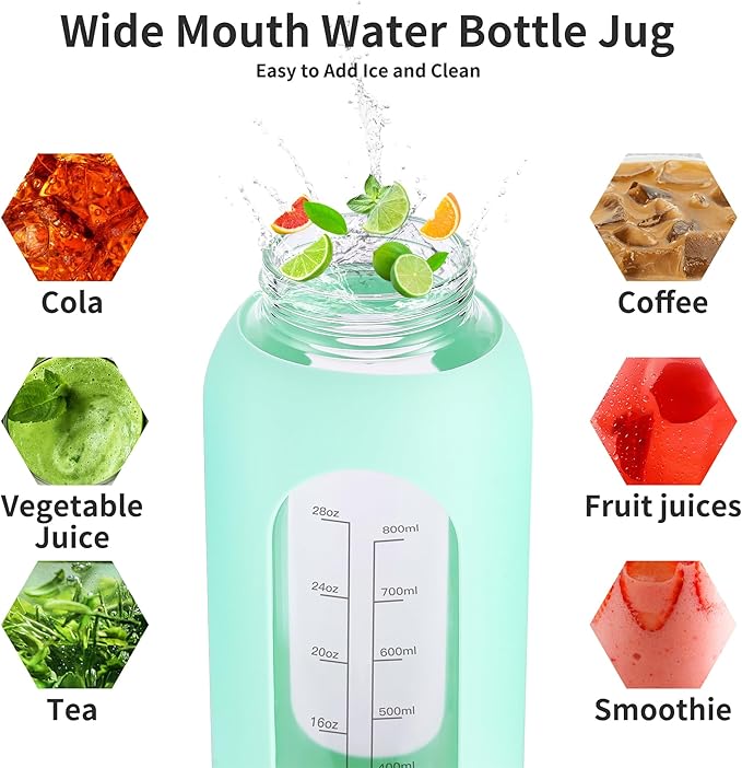 64 oz Glass Water Bottle With Straw and Handle, Half Gallon Sports Motivational Water Jug Flask with Silicone Sleeve, Large Water Cup with Time Marker for Travel, Gym, Beige