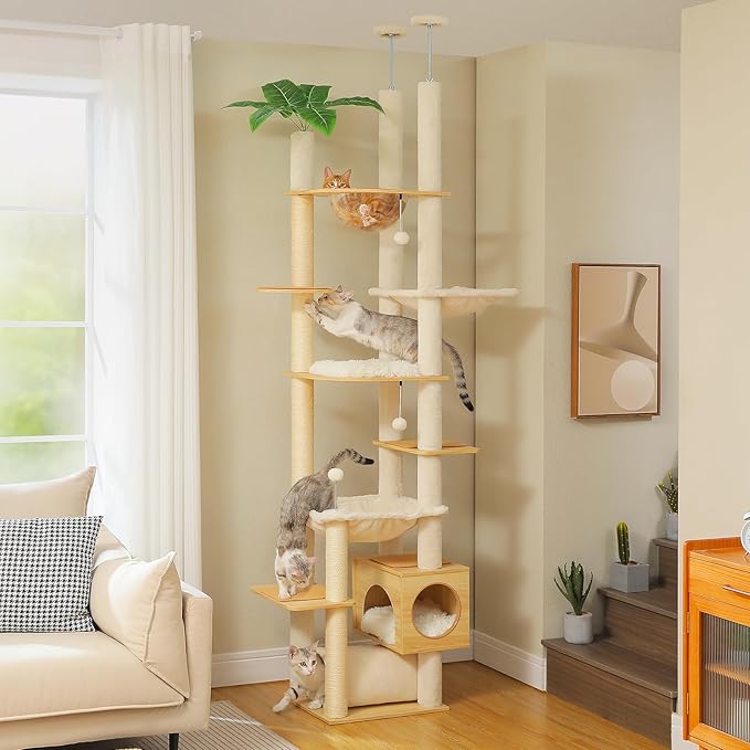 PEQULTI Floor to Ceiling Cat Tree 93.3’’-100.8’’ Height Adjustable Wooden Cat Tower Tall Climbing Play House with Scratching Posts, Cozy Condo, Perches and Large Hammock for Indoor Cats Beige