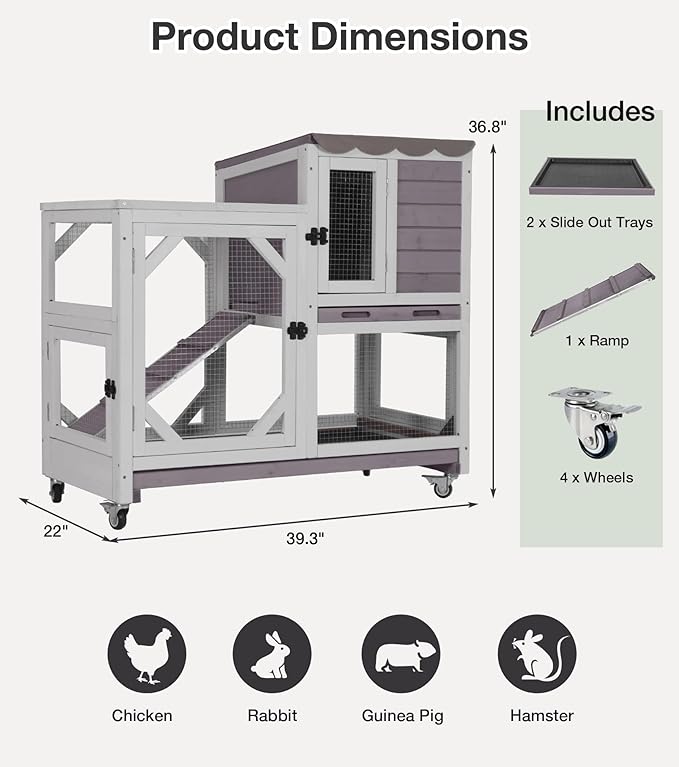 Rabbit Hutch 2-Story Wooden Bunny Cage with 2 Leak-Proof Sliding Trays, Chew-Proof Metal Mesh, Rainproof Cover, Indoor & Outdoor Guinea Pig House with Wheels - Grey