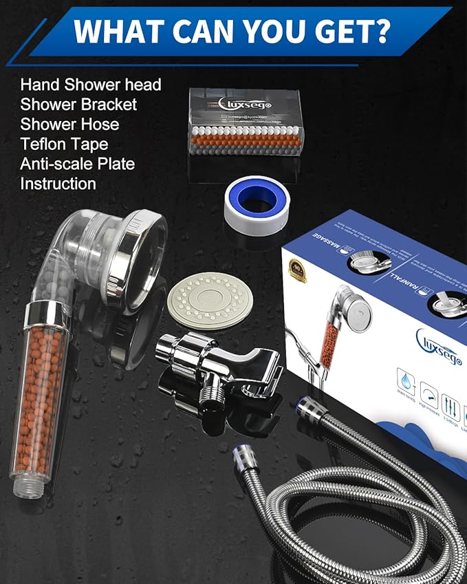 Luxsego Filtered Shower Head for Hard Water, High Pressure 3 Modes Shower Heads with Handheld Spray, Water Softener Showerhead Set with Mineral Beads to Remove Chlorine & Fluoride for Dry Hair & Skin