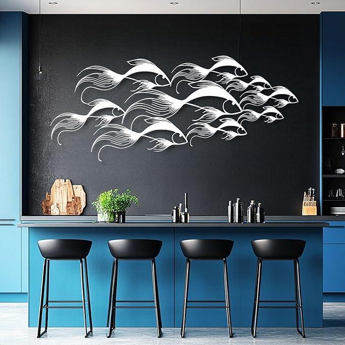 School of Fish Metal Wall Art, Metal Fish Wall Decor, Sea Life Wall Art, Large Nautical Wall Hanging, Modern Beach House Wall Decor, Ocean Themed Artwork for Bathroom (Gold, 24"x10" | 60x25cm)