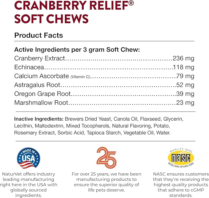 NaturVet – Cranberry Relief Plus Echinacea – Helps Support a Healthy Urinary Tract & Immune System – 120 Soft Chews