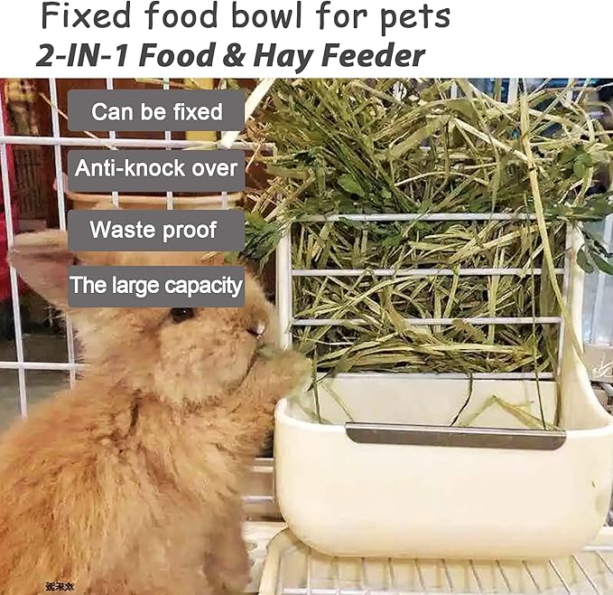 HERCOCCI Rabbit Hay Food Bin Feeder and Bunny Water Bottle Set, Hay Food Feeder Bowls Manger Rack with 500ml Hanging Water Dispenser Prevent Knock Over for Rabbit Guinea Pig Chinchilla (Large, White)