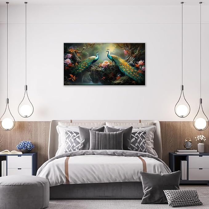 Large Peacock Wall Art Aesthetic Bird Canvas Living Room Pictures Framed Prints Floral Modern Wall Decor Painting Artwork for Bedroom Dining Office Home 60"x30"