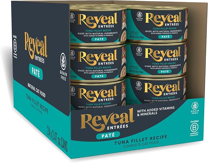 Reveal Entrées Natural Wet Cat Food Paté, Grain-Free with Added Vitamins & Minerals, Carrageenan-Free Tuna Fillet Paté Recipe (24 x 2.47 oz Cans)