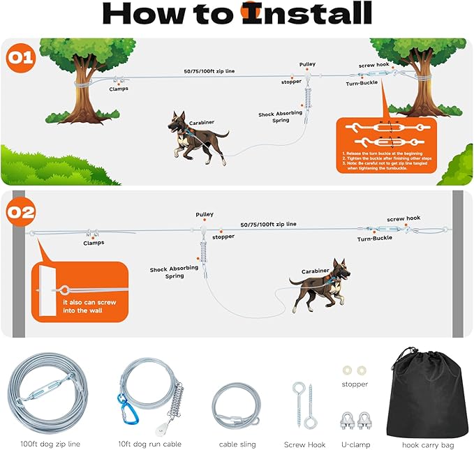 75ft Dog Runner for Yard Large Dog Heavy Duty with Double Shock Absorbers Tangle-Free Aerial Trolley System for Large Dogs Up to 250lbs(Silver)