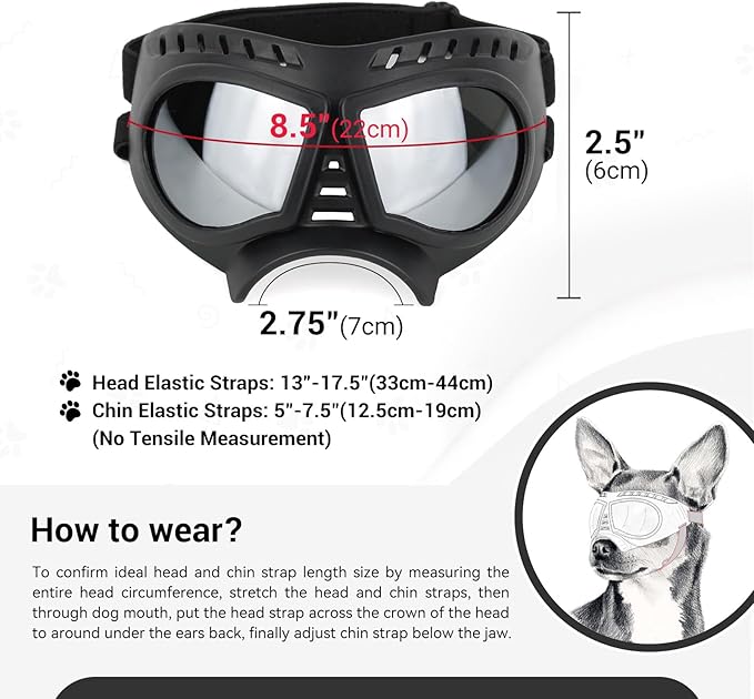 Small Dog Goggles Windproof for Small-Medium Breeds Dog Sunglasses Anti-UV with Adjustable Straps - Silver