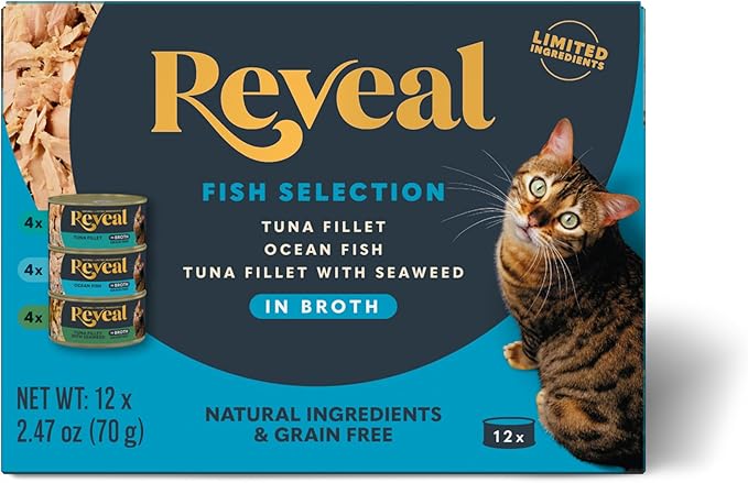 Reveal Natural Wet Canned Cat Food, Limited Ingredient, Grain-Free, Protein with No Artificial Additives, Fish Variety in Broth (12 x 2.47 oz Cans)
