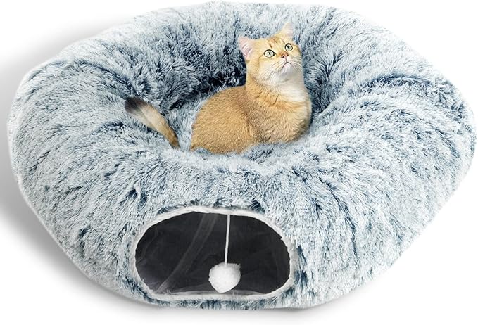 AUOON Cat Tunnel Bed - Cat Donut Tunnel with Soft Plush Circle Cushion for Indoor Cats Kitten Kitty Puppy Rabbit Ferret (Gray)