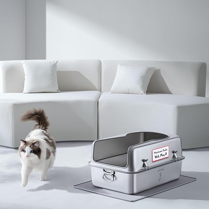 XL Metal Cat Litter Box with Lid – Non-Stick, Odor Control, Stainless Steel, Rust-Resistant, High-Sided – Easy to Clean with Handles, No-Slip Base, Leak-Proof Seal, 5 Clips, Cleaning Tracker
