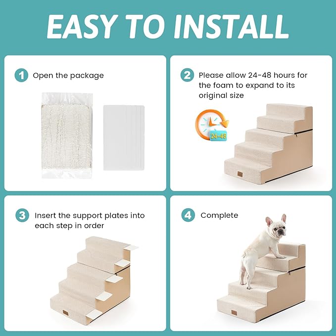 Dog Stairs for Small Dogs, 5 Tier Removable Wider Pet Stairs for Couch and Bed, 23.6" H Non-Slip Dog Steps for Puppies and Old Cats with Support Board, 29.5x19.7x23.6 inch, Beige