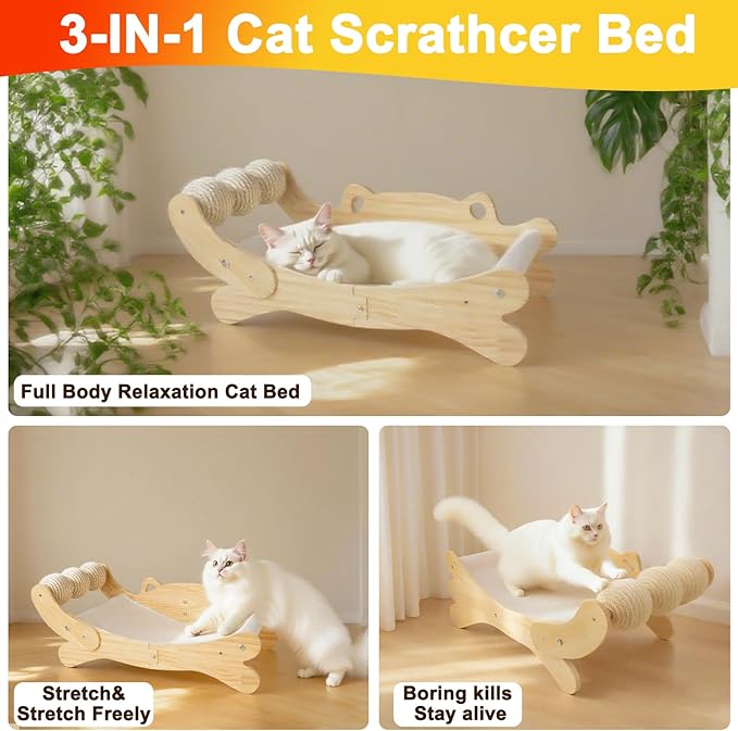 Cat Scratcher Bed for Indoor Cats | 3-in-1 Scratching Post & Hammock Lounge with Wooden Perch, No-Tip Stable Base for Small/Medium/Large Cats ,Durable Scratch Pad & Cat Furniture (Easy Assembly)