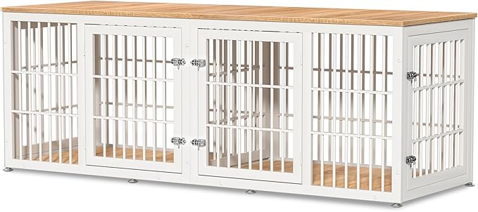 78 Inch Double Dog Crate Furniture, Heavy Duty Extra Large Cage Furniture with Divider for 2 Dogs, Decorative Wooden Kennel Furniture Indoor, Pet House for Large and Medium Dogs, White