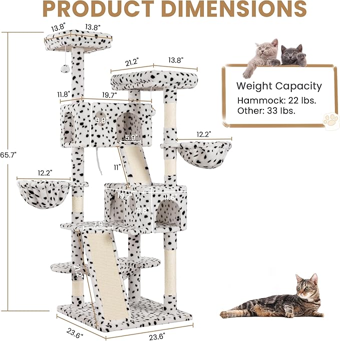 SHA CERLIN 65in Larger Cat Tree Tower Condo for Indoor Kitties/Multi-Level Furniture Activity Center with Wide Base/Cozy Plush Perches/Baskets/Sisal Scratching Posts and Hammock/White & Black Spot