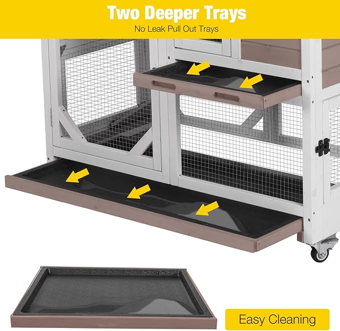 Aivituvin Rabbit Cage Indoor Outdoor Bunny Hutch on Wheels, 2 Story Wood Guinea Pig Cages with 2 Deeper Pull Out Trays