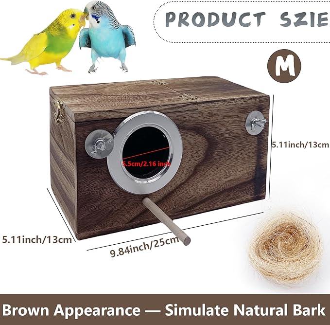 kathson Parrots Nesting Box Parakeet Nest House for Cage Budgie Breeding Hut with Coconut Fiber Bedding Wooden Bird Mating Box for Lovebirds Budgie Conure and Small Medium Parrot Birds