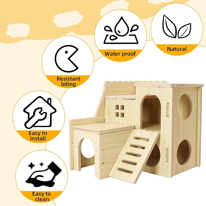 Tiny Hamster Maze Wood House with Slide House, Hamster Hideout Cage Accessories, for Dwarf Gerbils and Mouse Mice Rat Other Small Animals(Only Suitable for Hamsters)