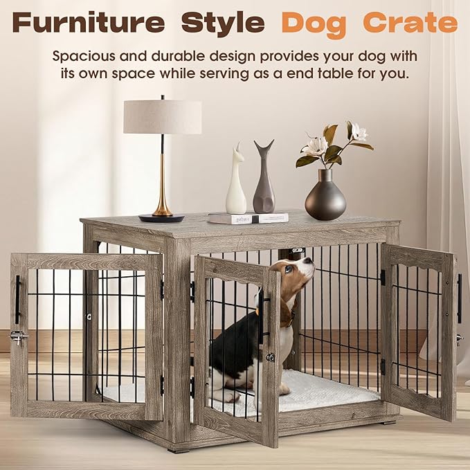 Dog Crate Furniture with Cushion, 32 inch Wooden Kennel Table with Double Doors, Indoor Dog House End Table for Small/Medium Dog, Grey (32x23x26in)