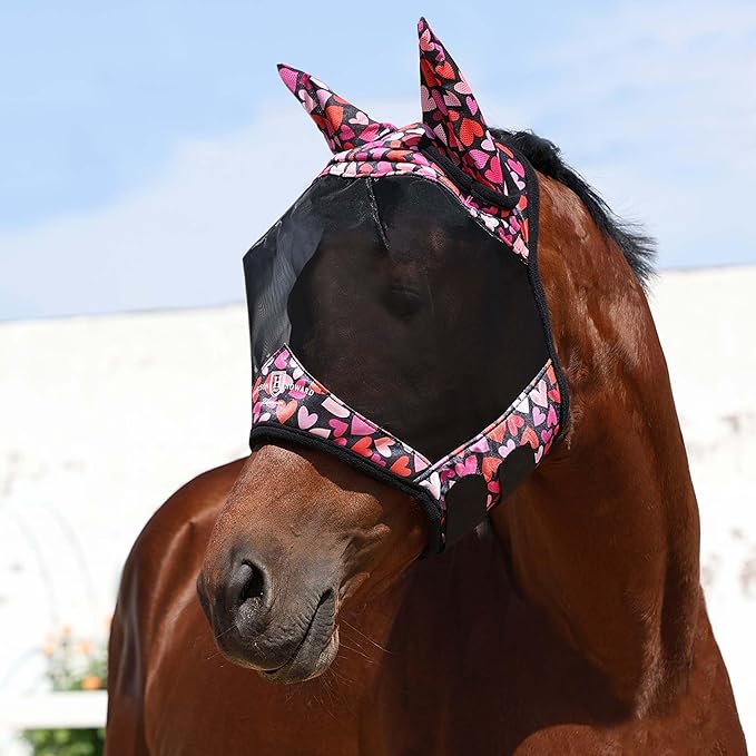 Harrison Howard Pro LumiVista Horse Half Face Fly Mask Large Eye Space with Ears UV Protection for Horse Cute Hearts L