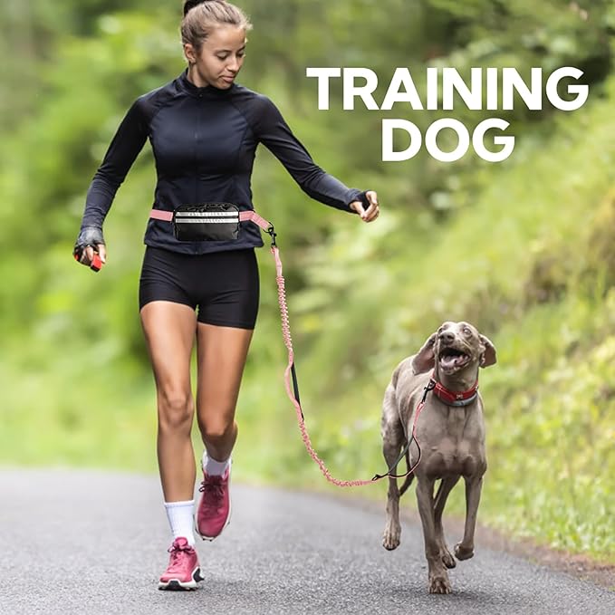 Hands Free Dog Leash, Adjustable Waist Belt with Double Padded Handles, Retractable Bungee for Medium & Large Dogs, Waist Leash for Dog Walking, Running, No Pull, Pink