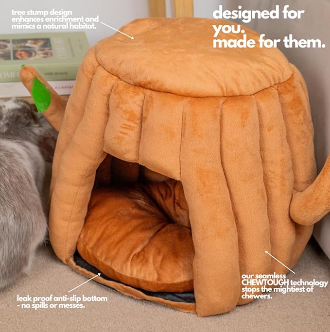 Hopp'd™ Guinea Pig Hideout & Bed – 2-in-1 Washable Tree Stump House | Rat, Ferret, Hamster, Bunny Bed Hideout | Waterproof, Anti-Slip, Chew-Proof | Free Pillow | Small Animal Accessories (Large)