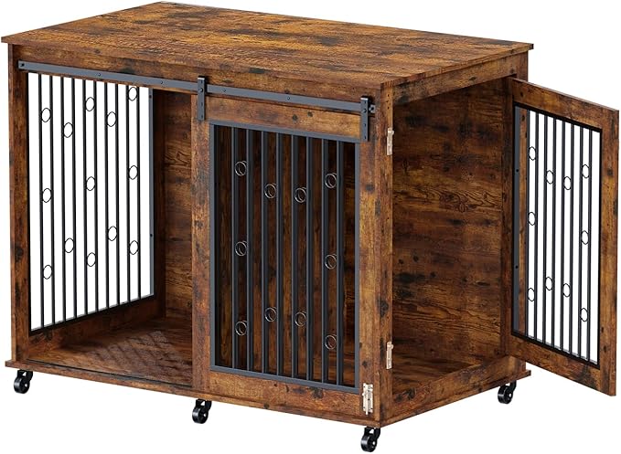 IchbinGo Large Dog Crate Furniture, 47" Wooden Dog Kennel with Sliding Barn Door, Flip-Top Lid & Wheels, Indoor Pet Crate Table with Detachable Divider for Small/Medium/Large Dogs (Rustic Brown)