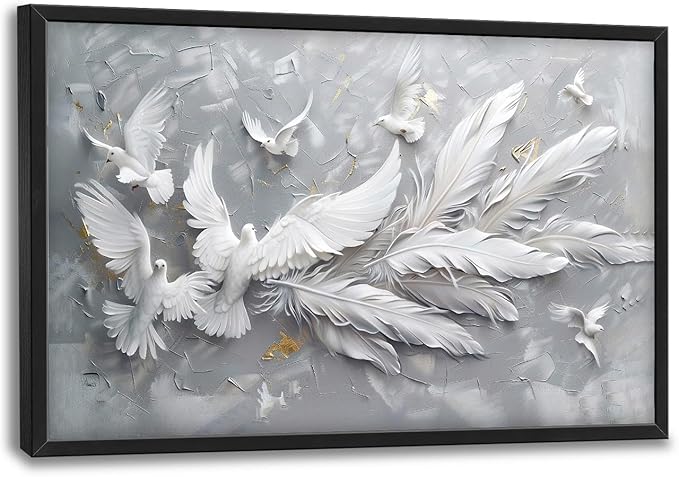 Quorin Feather Dove Bird Large Wall Art White Gray Holy Wings Pictures Peaceful Birds Flying Wall Decor Canvas Print Painting Artwork for Bathroom Living Room Bedroom 36L x 24W
