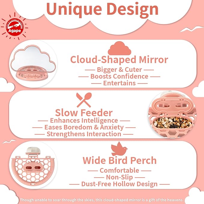 Agape Bird Mirror for Cage, Bird Toys with Perch and Slow Feeder to Expend Energy, Small Parrot Swing, Interactive Toys for Cockatiel, Lovebird, Parakeet, Conure, Finch, and Budgies