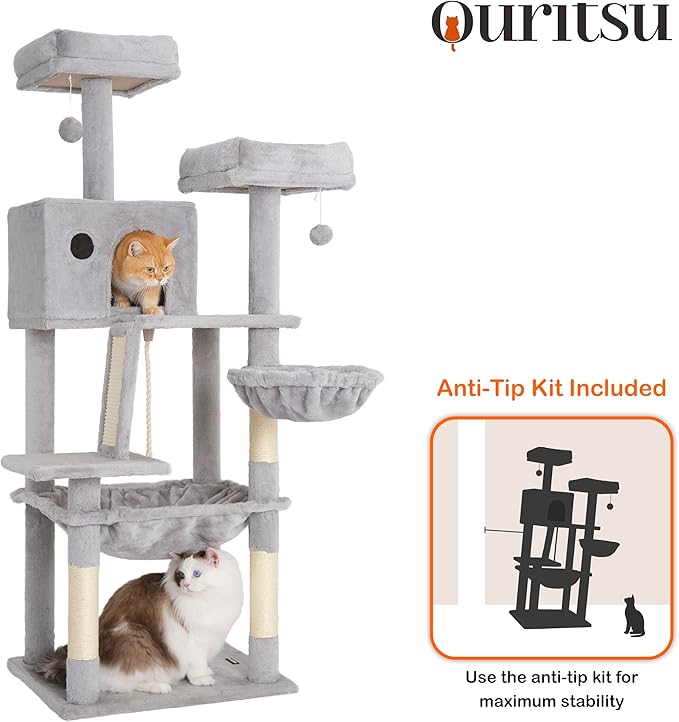 Ouritsu Cat Tree, 56 inch Tall Cat Tower for Large Cat Indoor, Large Condo, 2 Padded Perches, Steel-Framed Hammock, Scratching Post and ramp, Fluffy Basket, Light Gray, LF001GA