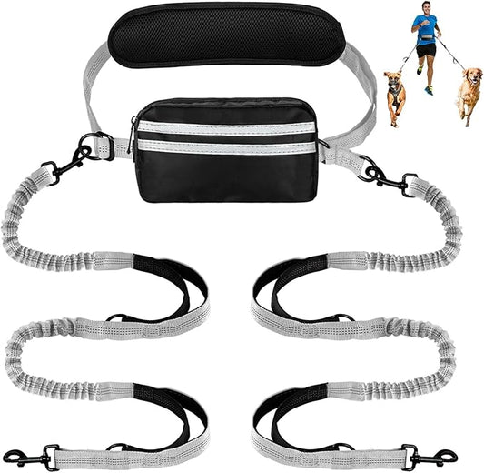 Hands Free Dog Leash with Pouch, Double Leash for Two Dogs, Retractable Bungee with Double Padded Handles, Dog Waist Leash for Dog Walking, Running Leash for Dogs, Dog Walking Accessories