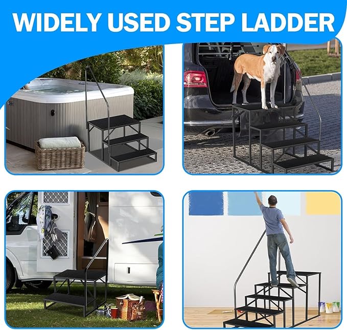 RV Step 3 Step Ladder, Upgrade RV Step with Handrails, Heavy Duty RV Stairs with Anti-Slip Pedal Hot Tub Steps, Removable Camper Step for Spa/Porch/Pet/Mobile Home(2 Handrails