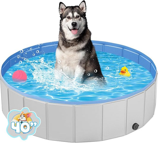 Portable Dog Pool PVC Pet Swimming Pool Bathtub Collapsible Dog Pool, Hard Plastic Pool for Pets to Swim and Bath (M-40"x 12" Light Grey)