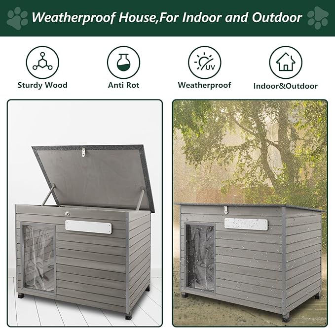 43.3" L Dog House Outdoor for Large Breeds Dogs Anti Chewing Iron Frames Dog Kennel Wooden Pet Houses for Indoor Outdoor with Weatherproof Roof,6 Elevated Feet, Reinforced Bottom Support