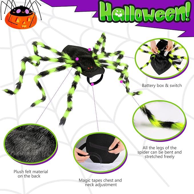 OurWarm Dog Halloween Costumes for Pet 64 LED Furry Large Dog Spider Costume Funny Pet Costumes for Medium Big Dogs Halloween Party Decor Puppy Pets Outfits Cosplay