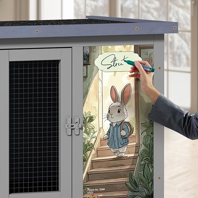 COZIWOW Double Layers Durable 38In Rabbit Hutch Indoor on Wheels, Small Animal Houses Habitat, Rolling Large Bunny Cage Outdoor with Removable Tray, Ramp, Two Story Bunny Cage(Grey with Pattern)