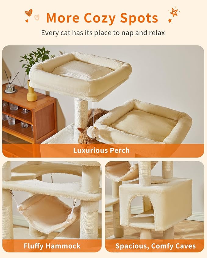 Taoqimiao Cat Tree, 71-Inch Cat Tree Cat Tower for Indoor Cats, Plush Multi-Level Cat Condo with 10 Scratching Posts, 2 Perches,Basket, 2 Caves,Hammock, 2 Pompoms,MS020M Beige