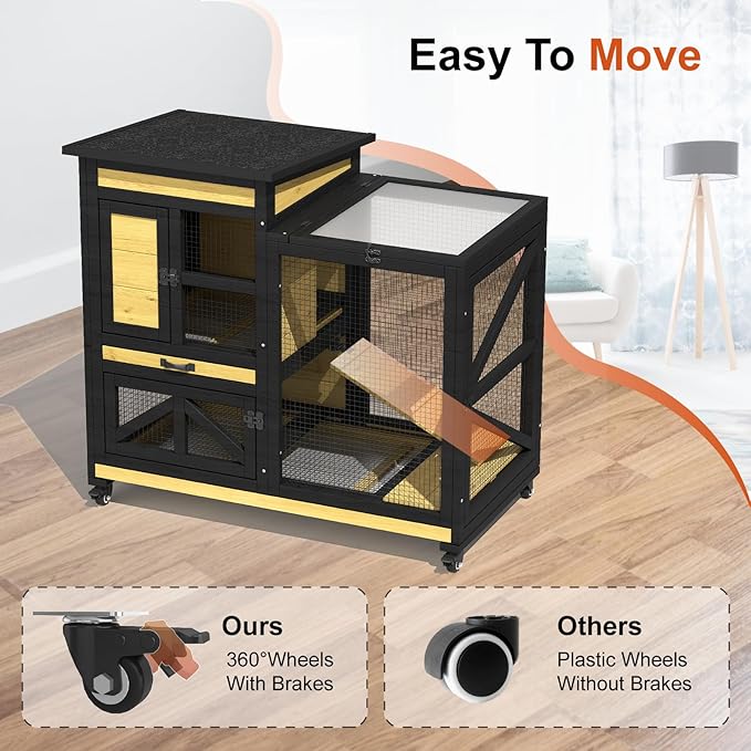 40'' Rabbit Cage Bunny Cage Indoor, Outdoor Rabbit Hutch for Small Animals, 2-Story Wooden Guinea Pig Cages with Wheels & 2 Deeper No Leak Trays, Waterproof Openable Roof & Bottom Wire Mesh