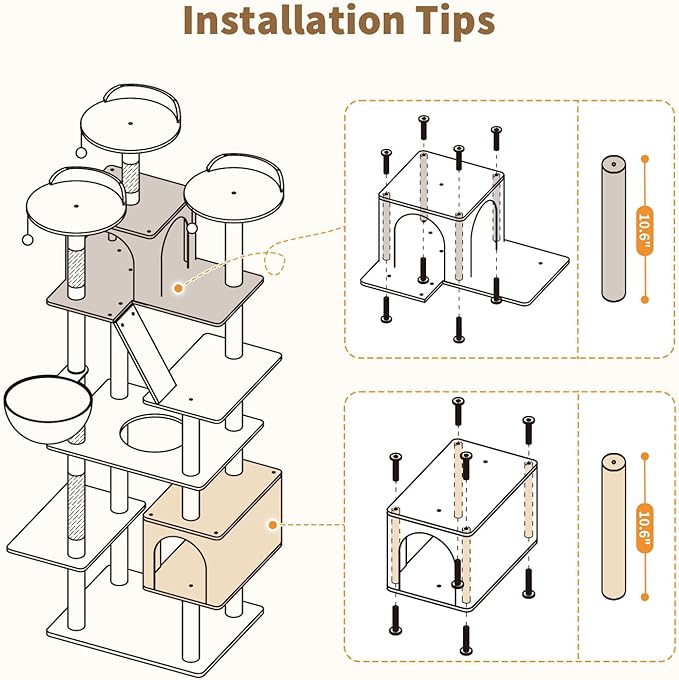 Made4Pets Tall Cat Tree, 80" Cat Tree Tower for Indoor Cats Large Adult, Modern Cat Tower with Scratching Post, Cozy Hammock, 3 Perches and 2 Condos, Sturdy and Fluffy, Beige