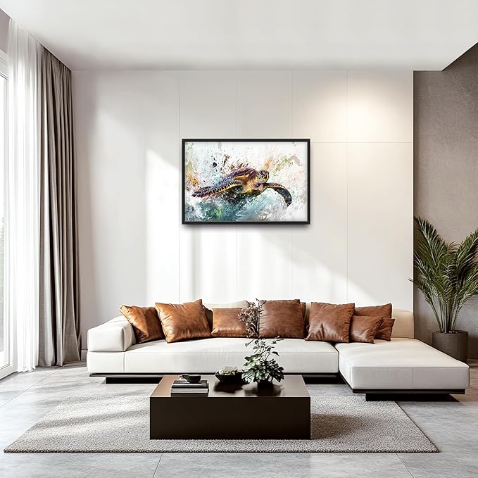 Extra Large Framed Sea Turtle Wall Art,Oversized Abstract Colorful Sea Nautical Wall Decor Pictures for Living Room,Canvas Print Painting Modern Artwork Bedroom Office Bathroom Home Decor 36L x24W