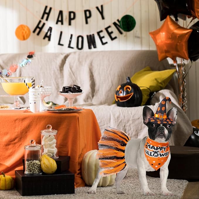 SCENEREAL Small Dog Halloween Costumes, Bandana Hat Dress Set, 3pcs Puppy Party Supplies, Soft Triangle Scarf, Cute Tutu Skirt Outfit for Girl Boy Pet-(Small)