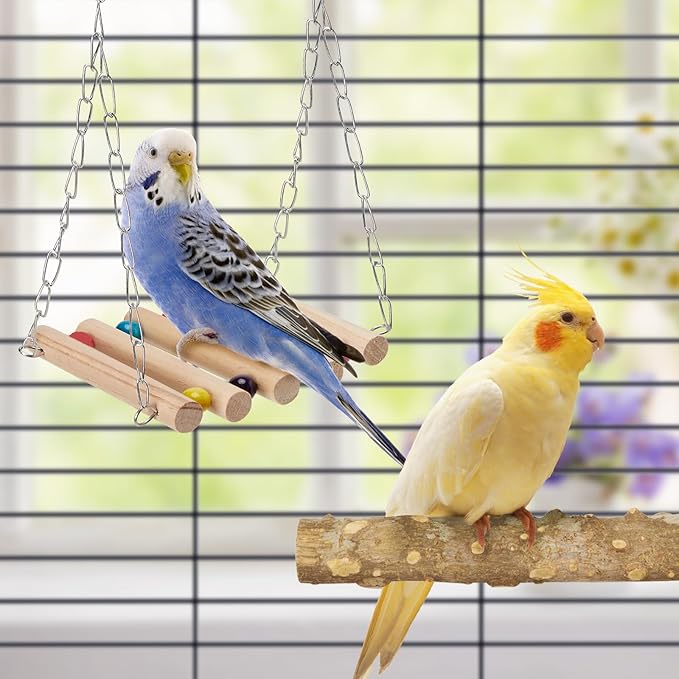 Bird Perches for Cage 6pcs Natural Bird Stand Branch for Cage with Hanging Bridge, Parrot Swing Toys Chewing Climbing Standing Branches Wood Pole Paw Grinding Fork Parakeet Platform