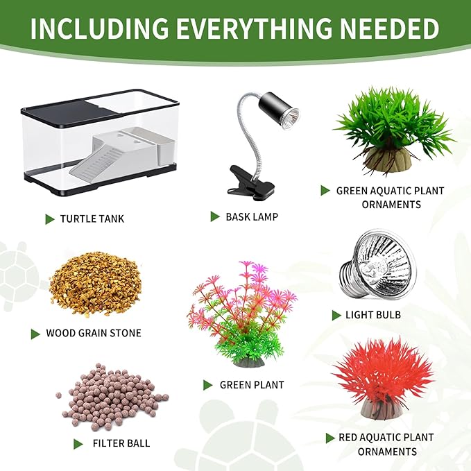 (Tank + Light + Filter Balls) Turtle Tank Kit, Turtle Tank Starter Kit,Bottom Drainage, Multi-Function Areas for Turtles, Crabs,Fishes, Amphibians,Reptiles.(11.81 × 7.88 × 7.88 Inch)