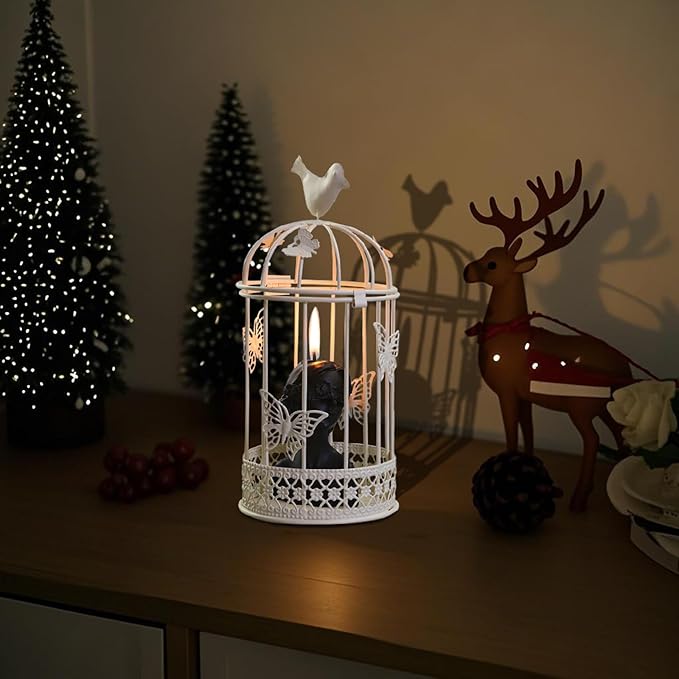 Vintage Decorative Bird Cage,Metal White Bird Cage Decor for Candelabros para Centros De Mesa & Lanterns Decorative Indoor Suitable Wedding Party, Dining Table,Fireplace Metal Lantern&Bird Cage Decor