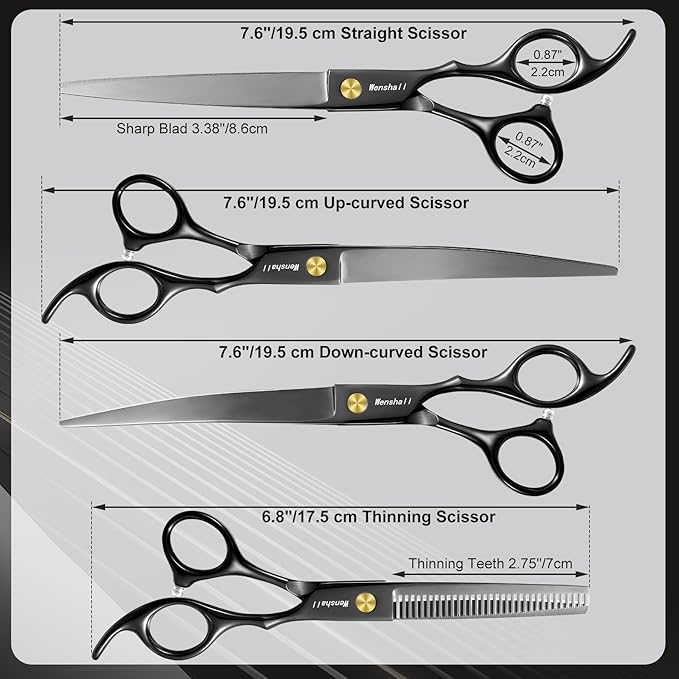 Professional Dog Grooming Scissors Set - 6.5" Thinning, 7" Straight, 7" Up-Curved, 7" Down-curved Scissors and Comb for Dog Cat Pet (Black)