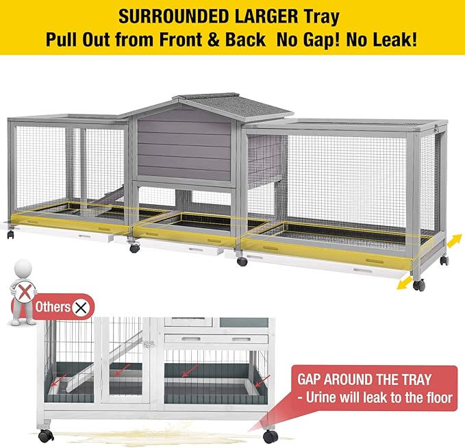 Aivituvin Rabbit Hutch 93.7" Large Rabbit Cage Indoor Outdoor Guinea Pig Cage Chicken Coop on Wheels Bunny Cage with 4 Deep No Leakage Pull Out Tray,Waterproof Roof